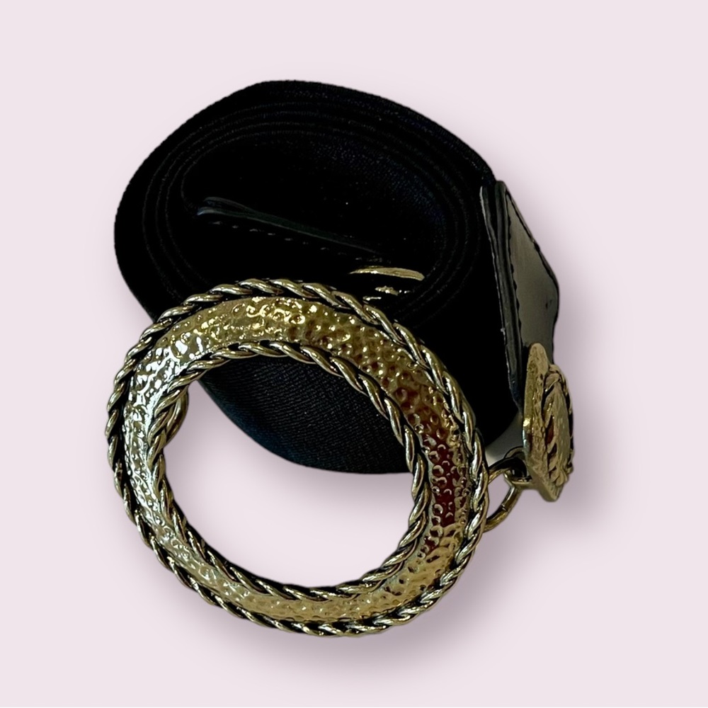 Chico’s black stretch & leather trim belt with gold-tone closure